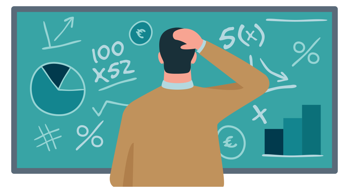  L'homme regarde le tableau noir rempli de calculs mathématiques